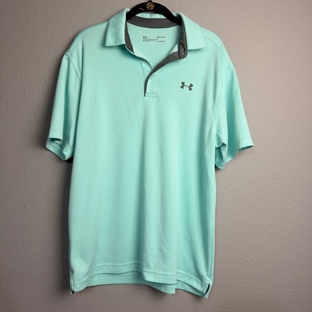 Under Armour HeatGear Golf Polo Shirt‎ Aqua Stripe Mens M Loose Fit Short Sleeve